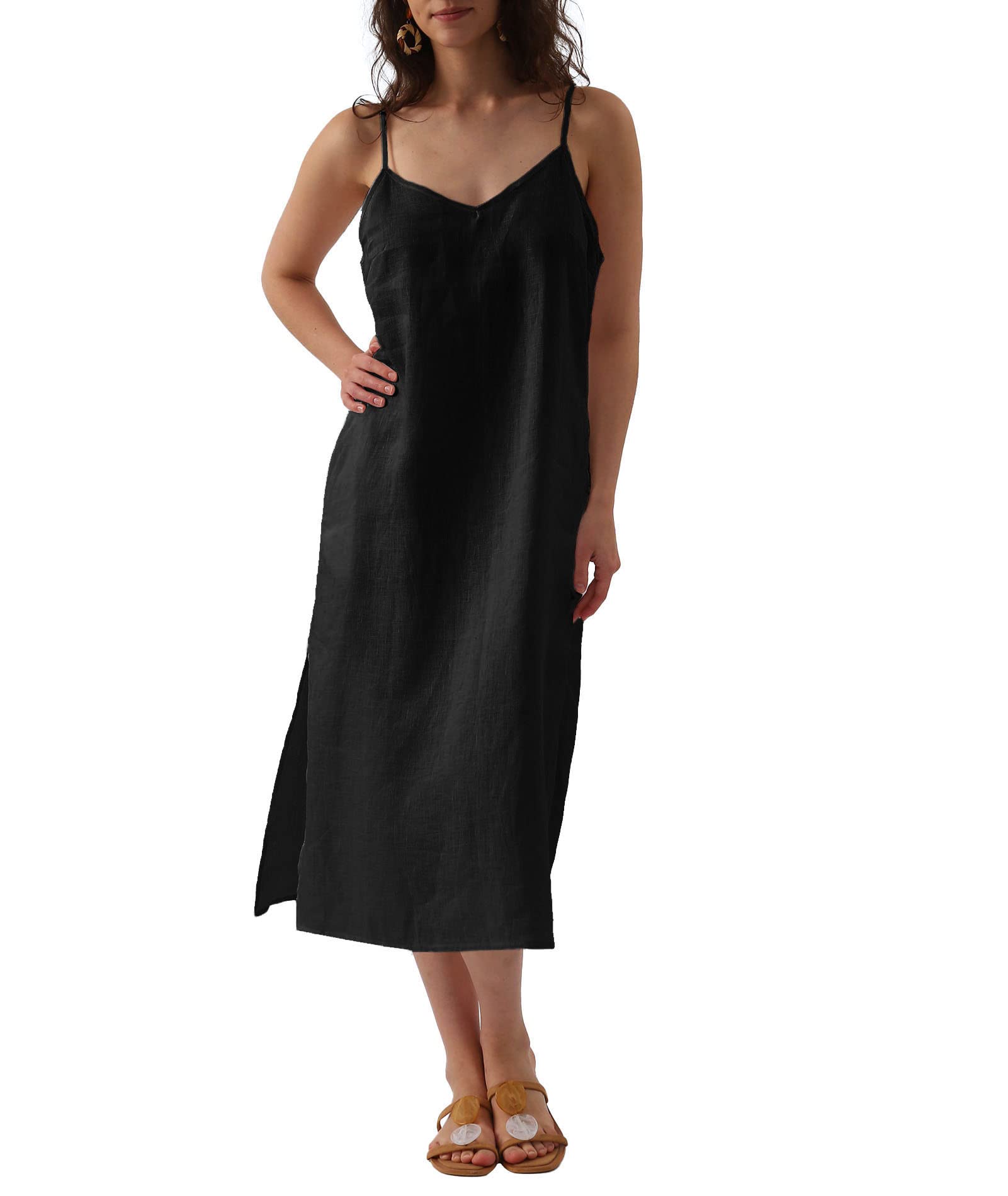 Amazhiyu Women's Pure Linen Summer Midi Split Slip Dress