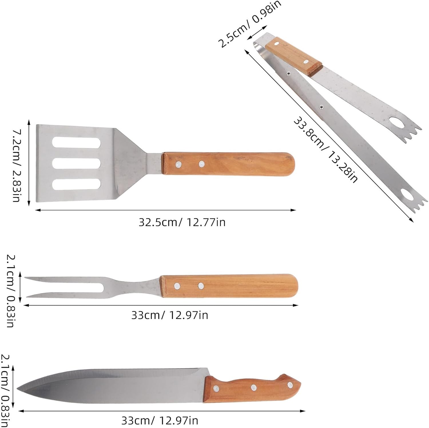 VICASKY Stainless Steel BBQ Tool Set with Fork, Spatula, Tongs, and Cutter – Portable Outdoor Grilling Utensils Kit with Wood Handles and Carry Bag for Camping, Picnic, and Backyard