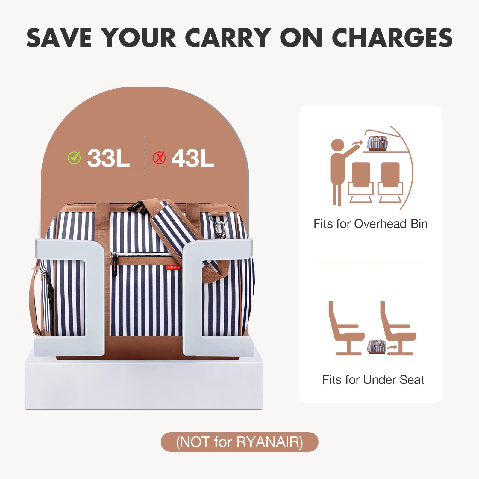 Lekesky Reisetasche Damen, Weekender Damen Mittelgroß mit Schuhfach, Großes Öffnungsdesign, 43L Kliniktasche Geburt für Reisen, Airline, Arbeit, Strand oder Freizeit (Blau Gestreift)