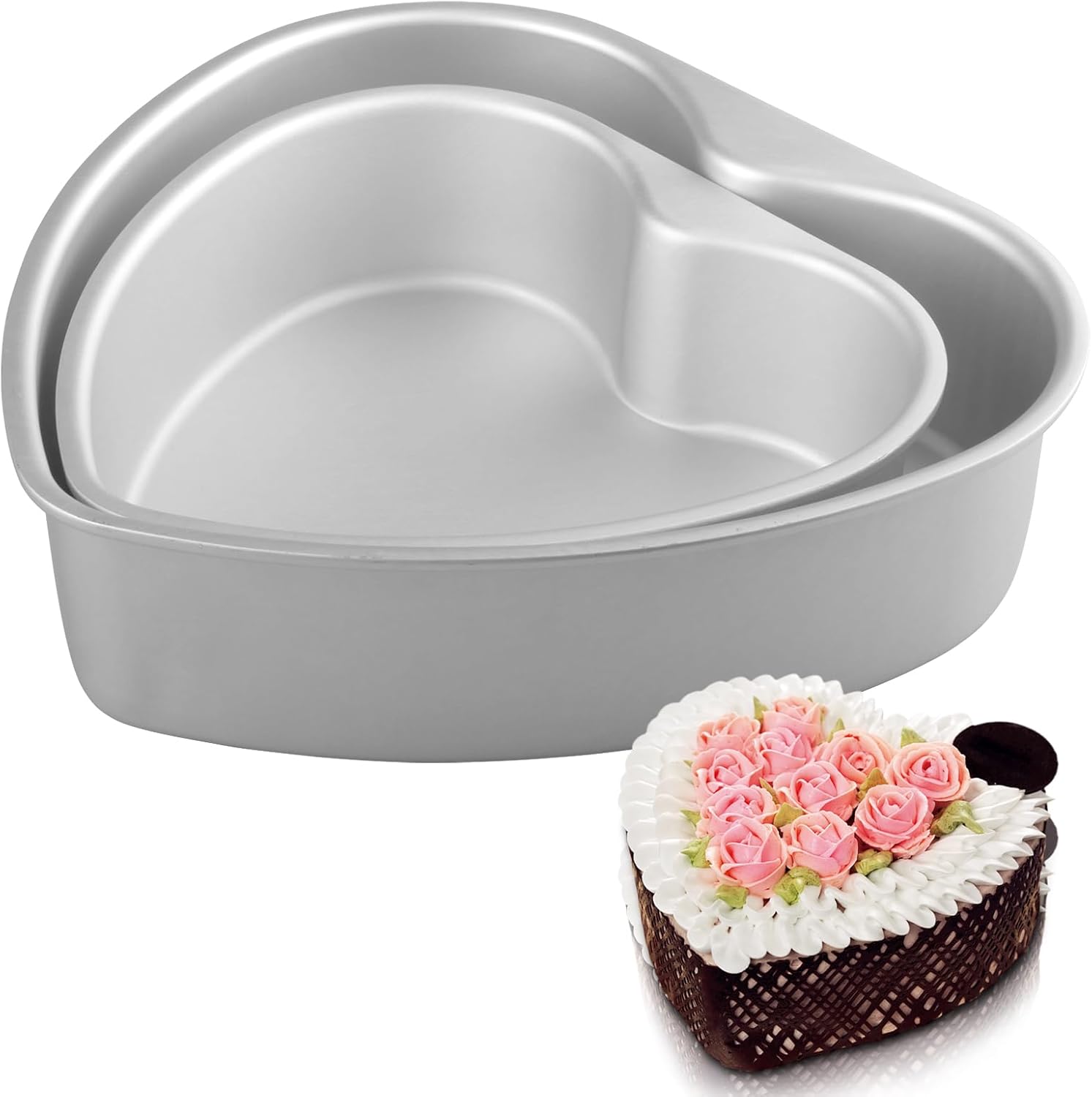 2 Pack Heart Shaped Cake Pans Set (10 & 8 Inch), Aluminum Heart Cake Pan, Nonstick Cake Baking Mold, Heat-Resistant Baking Tin for Wedding, Birthday, Party, Valentine's Day