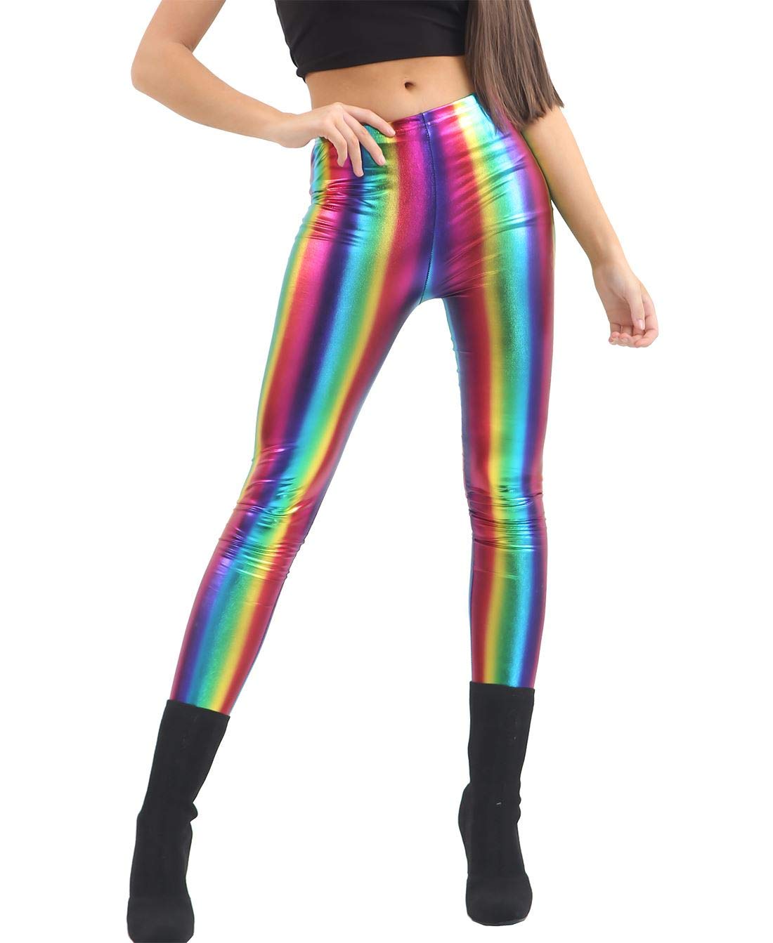FASHION 7STAR Womens Elastic Waist PVC Shinny Metallic Trouser Pants Girls Fancy Disco Party Stretchy Rainbow Printed Shiny Legging
