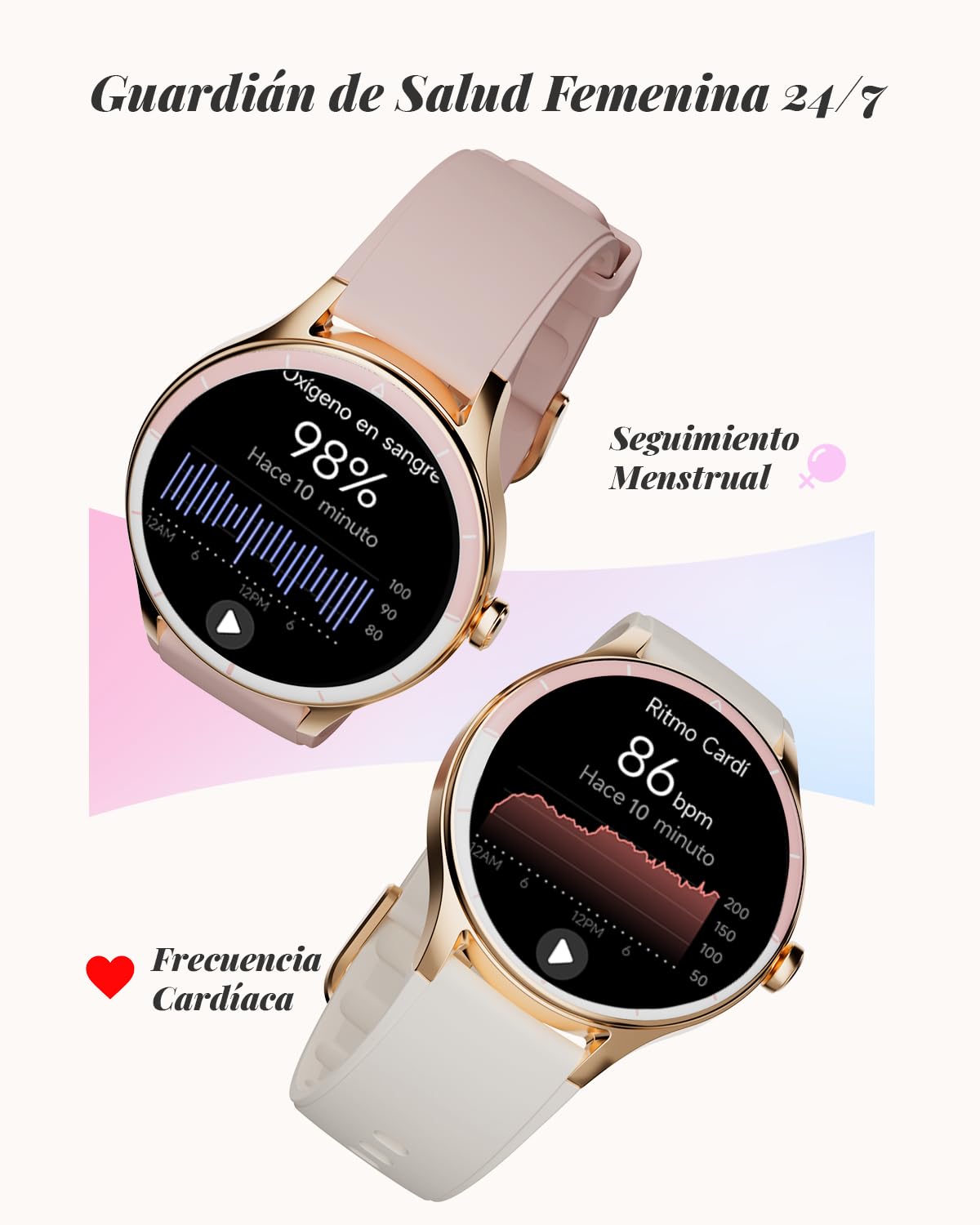 TOOBUR Reloj Inteligente Mujer Redondo, 40 mm Smartwatch Deportivo, Reloj Contador de Pasos Calorias, Compatible Android iOS, Responder Hacer Llamadas, Reloj Mujer Salud, IP68 Waterproof, Beige