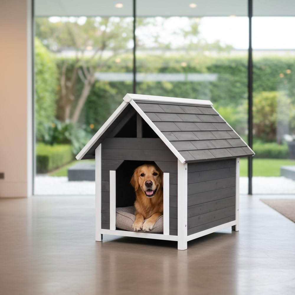 Melko Hundehütte Hundehaus XXL Holz wetterfest 75x115x95 cm Grau Weiß | Blockhaus-Design mit Dachüberstand, erhöhte Standfüße gegen Feuchtigkeit, Eingang 34x44 cm, für mittelgroße Hunde, lasiert