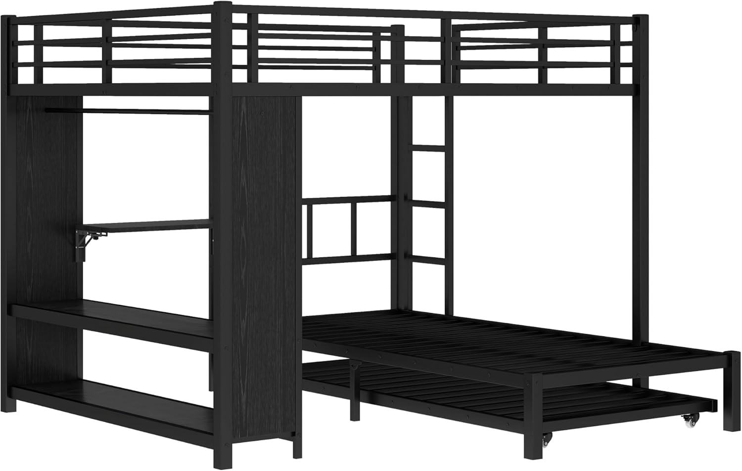 Queen Over Twin Bunk Bed with Wardrobe, Metal Bunk Bed Frame with Trundle, Foldable Desk, Ladders and Safety Guardrails for Kids, Teens and Adults (Queen Over Twin)