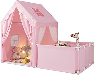 Costzon 2 in 1 Kids Play Tent, Indoor Large Toddler Pretend Playhouse w/Playpen, Door Curtains, Viewing Windows, Star Lights & Washable Cotton Mat, Teepee Tent for Kids Aged 3+ Years Old (Pink)