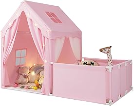 DREAMADE 2-in-1 Children's Play Tent with Playpen, Playhouse with Star Lights & Washable Mat, Children's Tent with Door Curtains & Mesh Windows, Playground for Boys & Girls from 3 Years (Pink)