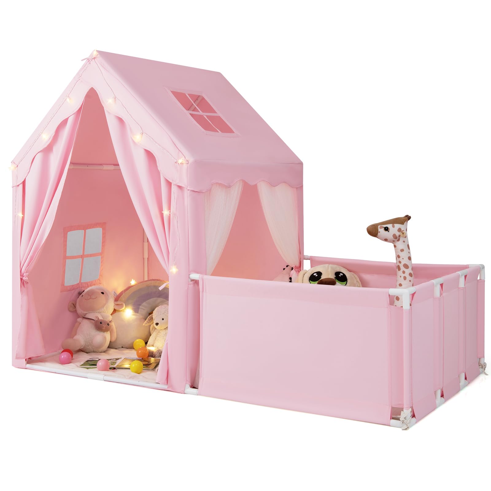 HOMASIS Spielzelt Indoor, 2 in 1 Spielhaus mit Laufgitter, Matte, Sternlichtern & Fenster, Kinderzelt aus Baumwolle, Kinder Zelt Kinderhaus für ab 3 Jahren, Kinderspielzelt für Kinderzimmer (Rosa)