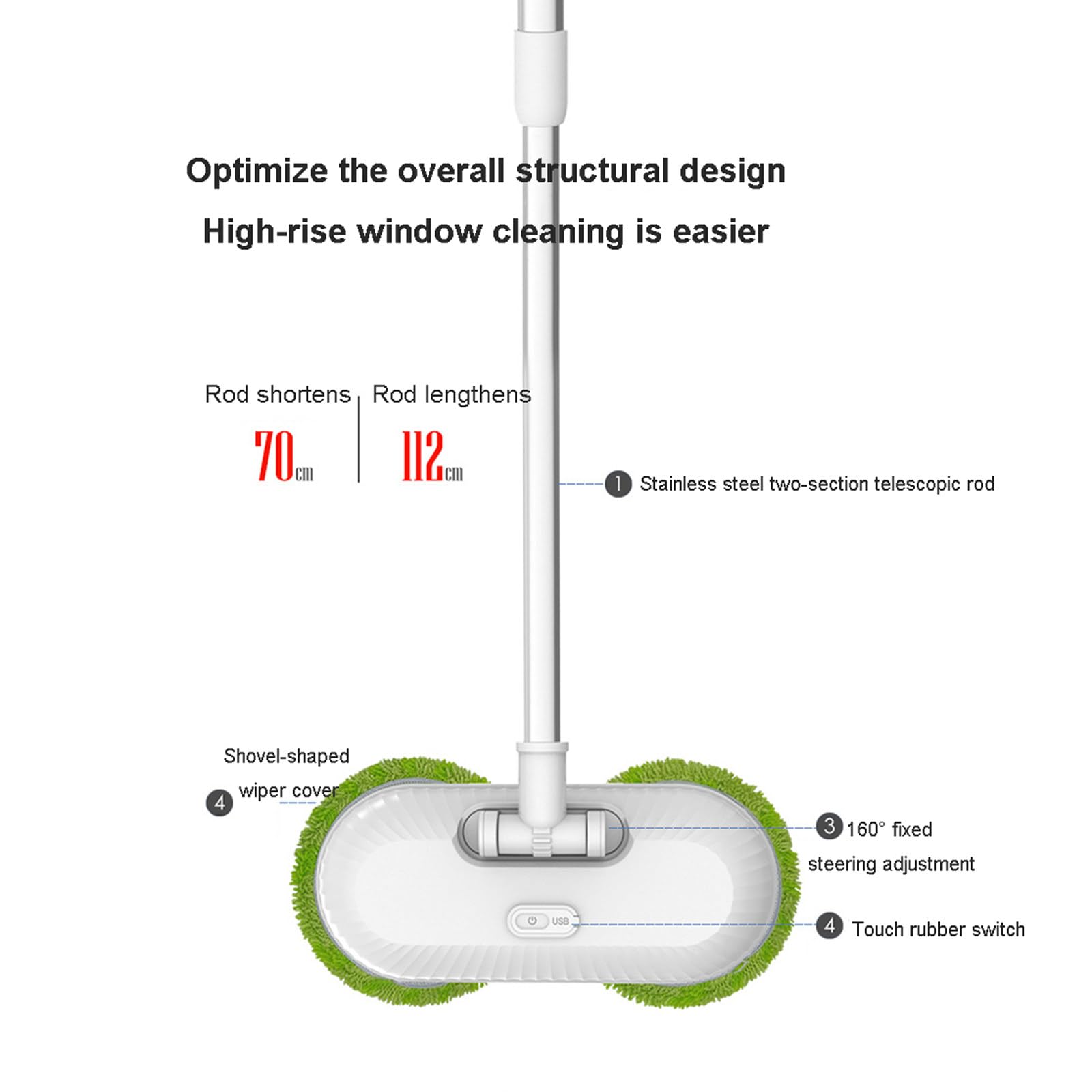 Limpiador de vidrio eléctrico, limpiador automático de ventanas inteligente con cabezal doble para el hogar, fregona telescópica, herramienta de limpieza de paredes,Pink