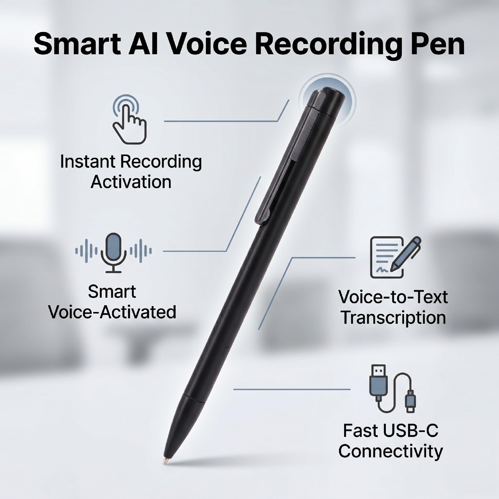 Sprachaufzeichnungsstift, AI Smart Pen mit APP-Steuerung für Texttranskription in Echtzeit, 25-Stunden-, Typ-C-Aufladung, Sprachaktiviert, Ergonomischer Griff für Vorlesungen, (16GB)