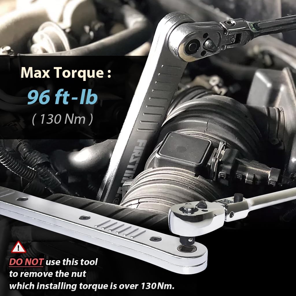 FIRSTINFO F32291C Max. Torque 130 Nm(96 ft-lb.) Offset Extension Wrench and Low Profile Socket Set with 8mm to 17mm 3/8" Sockets + 1/2 Inch, 1/4 Inch, and 3/8 Inch Square Drive Adapters