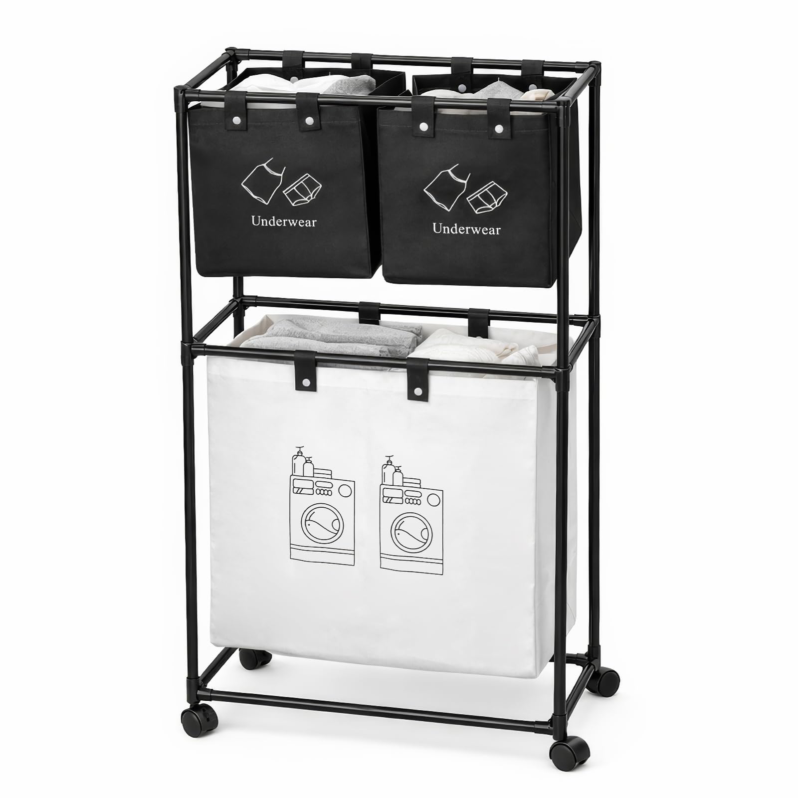 SUNNYNEST Double Layer Laundry Basket with 3 Detachable Bags, Clothes Sorting Hamper with Storage Rack – Rolling Laundry Organizer for Dirty Clothes & Laundry Supplies (Black M)