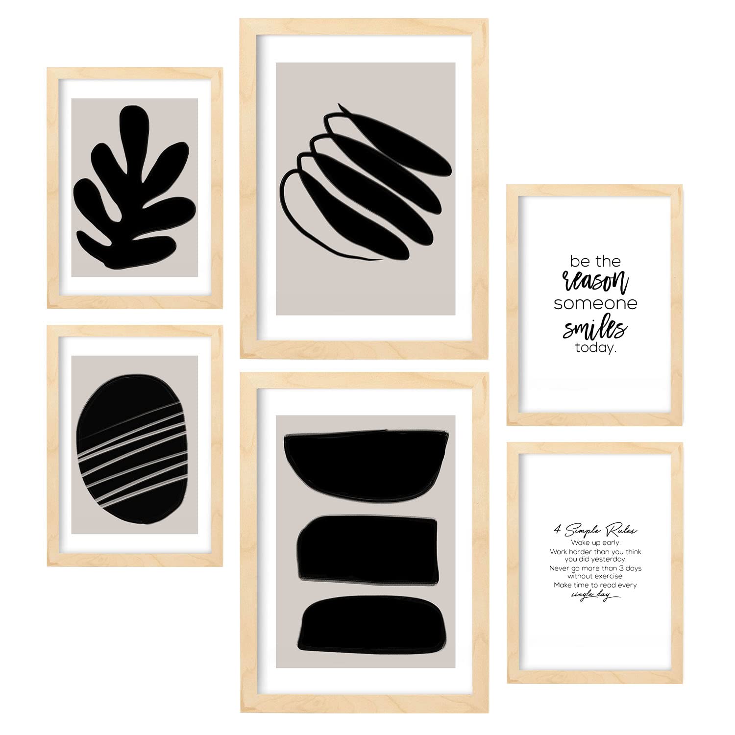Nacnic Set of 6 posters Black and White. Collection of posters in collage aesthetic for interior decoration. Sizes A3 and A4. Light wood frames. โ image 1