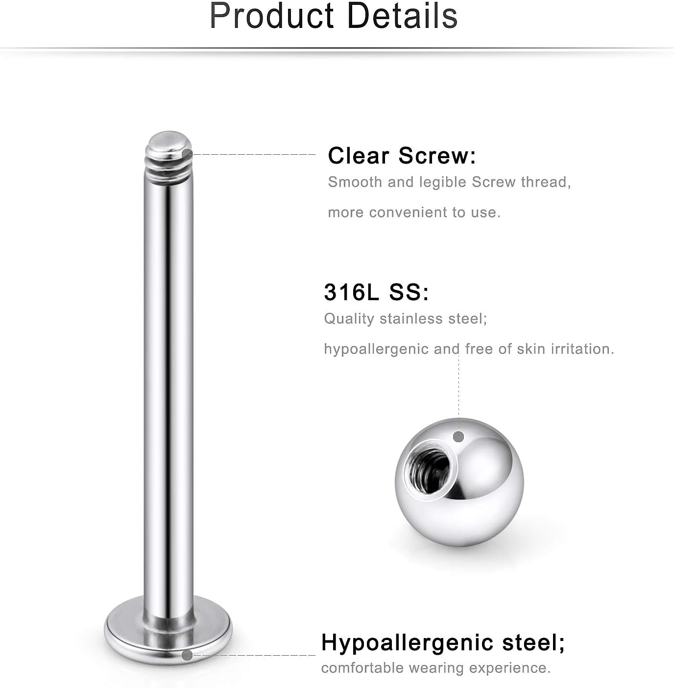 Cisyozi 16G Cheek Tongue Piercing Jewelry Surgical Steel Flat Back Tongue Rings Clear Cubic Zirconia Long Lip Labret Ring Piercing Jewelry Retainer 14mm 16mm 19mm 2 Pairs - Image 2