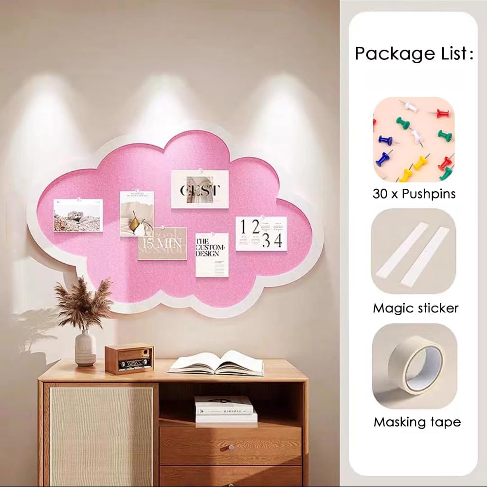 Cute Bulletin Board,Cloud Shape Vision Pin Board with Pushpins,Self Adhesive Felt Memo Board,Wall Decoration for Home School,Corkboard Alternative (Pink,39.4"x23.6")