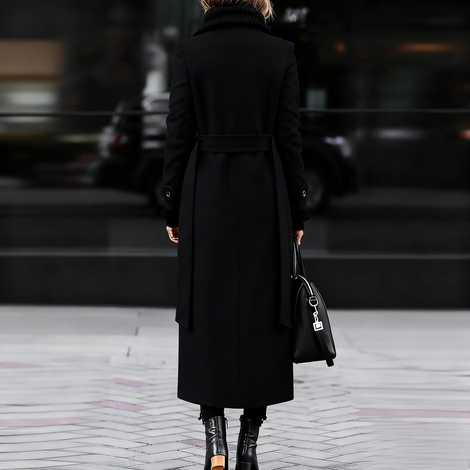 Damen Wintermantel Lang Warm Wolle Mantel Elegant Zweireihig Dicke Winterjacke Warme Lange Wollmantel Damen Winter Trenchcoat mit Gürtel Frauen Mäntel Übergang Damenmantel Winter Revers Einfarbig