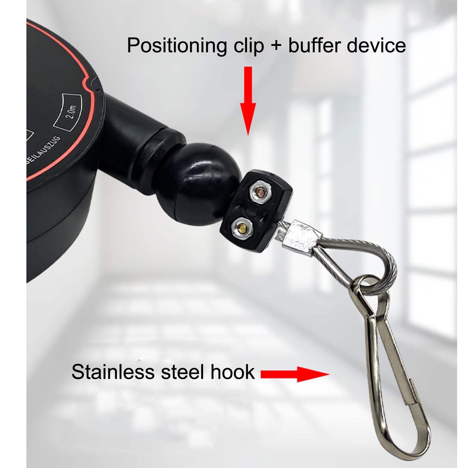 Équilibreur à ressort, support d'outil rétractable Équilibreur d'outils de 2 m de long avec crochet et câble métallique Équilibreur réglable Rétracteur Suspension Tenant l'équipement Noir pour les lig