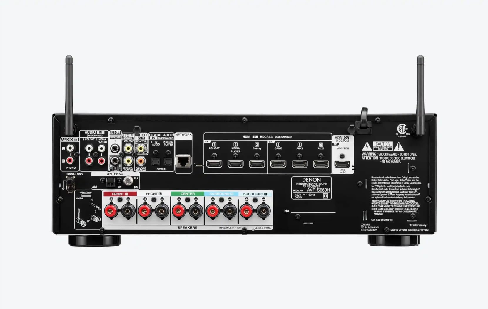 Denon AVR-S660H Amplificateur AV Home Cinéma 5.2 Canaux avec Son 3D, HDMI 8K, Bluetooth, WiFi, AirPlay 2, HEOS Multiroom, Compatible Alexa - Noir