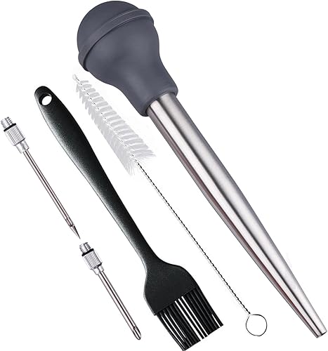 Miniatura 10 de Baster - Baster para pavo, jeringa para cocinar, con cepillo de limpieza, cepillo de barbacoa y agujas de adobo, acero inoxidable para pavo con