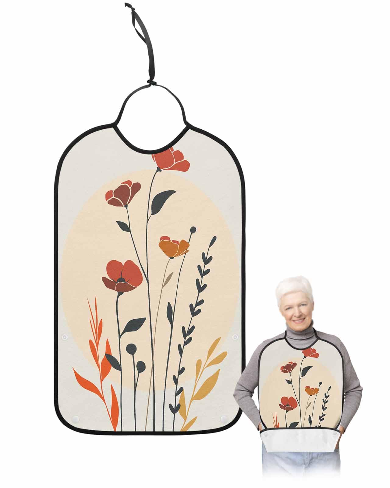 LEOKOTI Spring Floral Adult Bibs for Eating, Waterproof Bibs with Food Catcher & Adjustable Snap Closure, Middle Century Summer Botanical Boho Washable Clothing Protectors Adult Bibs for Elderly