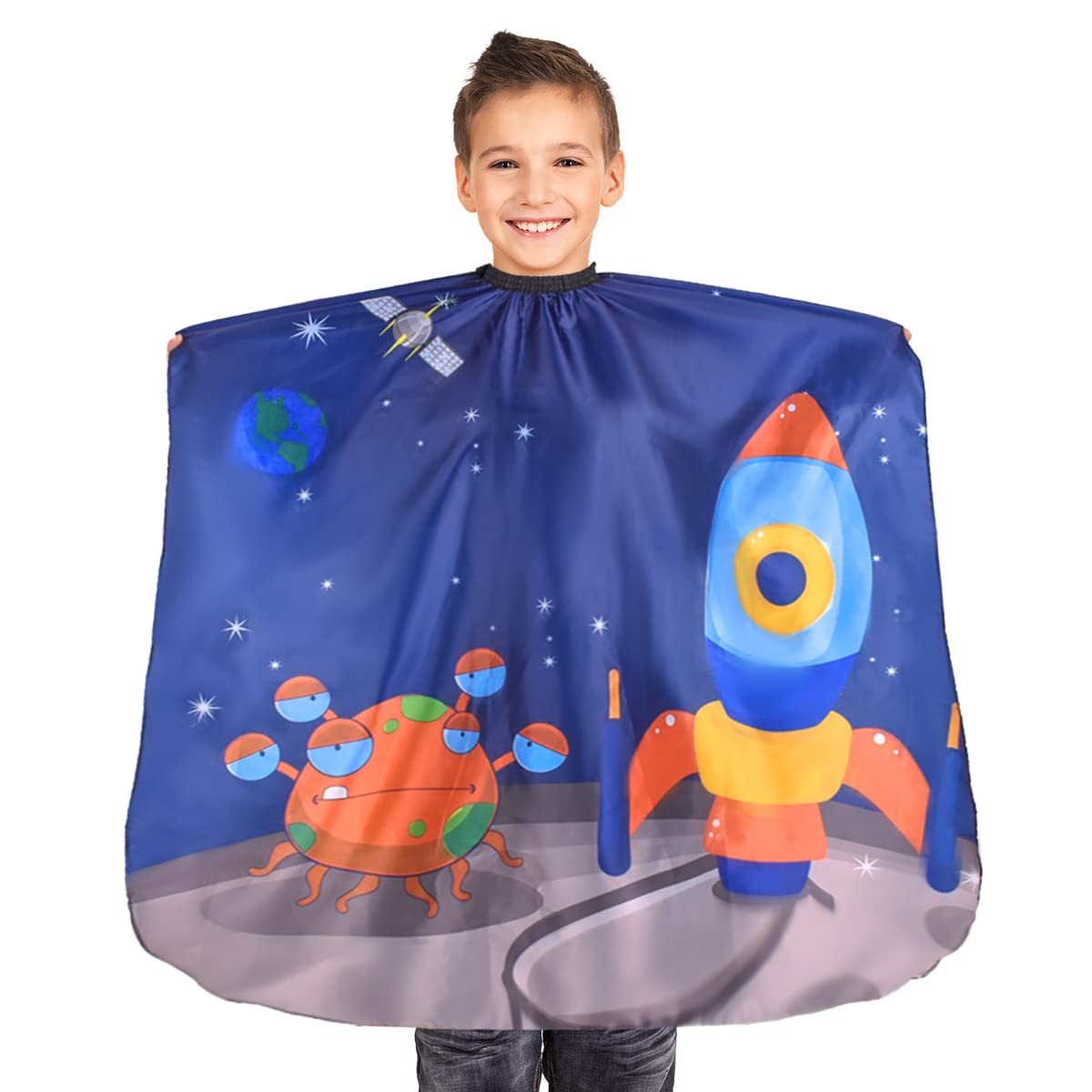 Capa Peluqueria Niño, Capa Corte Pelo Capas de Corte Peluqueria Impermeable Barber Cape para Niño Kids Hair Cape, Cierre a presión, Diseño Espacial Patrón de Cohetes, para Niño Niños Niñas