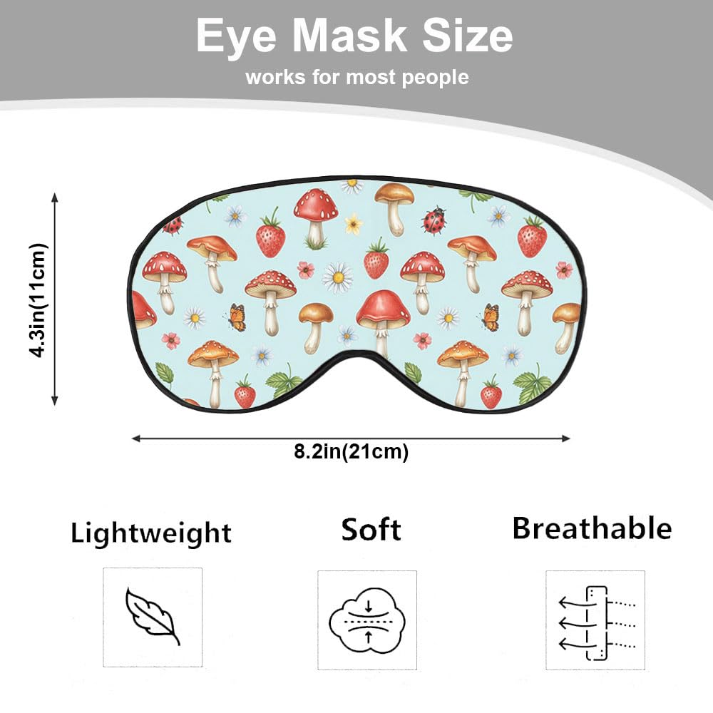 Antifaz de seda con diseño de hongos, para dormir, flores de verano, fresa, mariposa, bayas, máscara de ojos con correa ajustable, ligera para mujeres, trabajo, viajes, noche de sueño