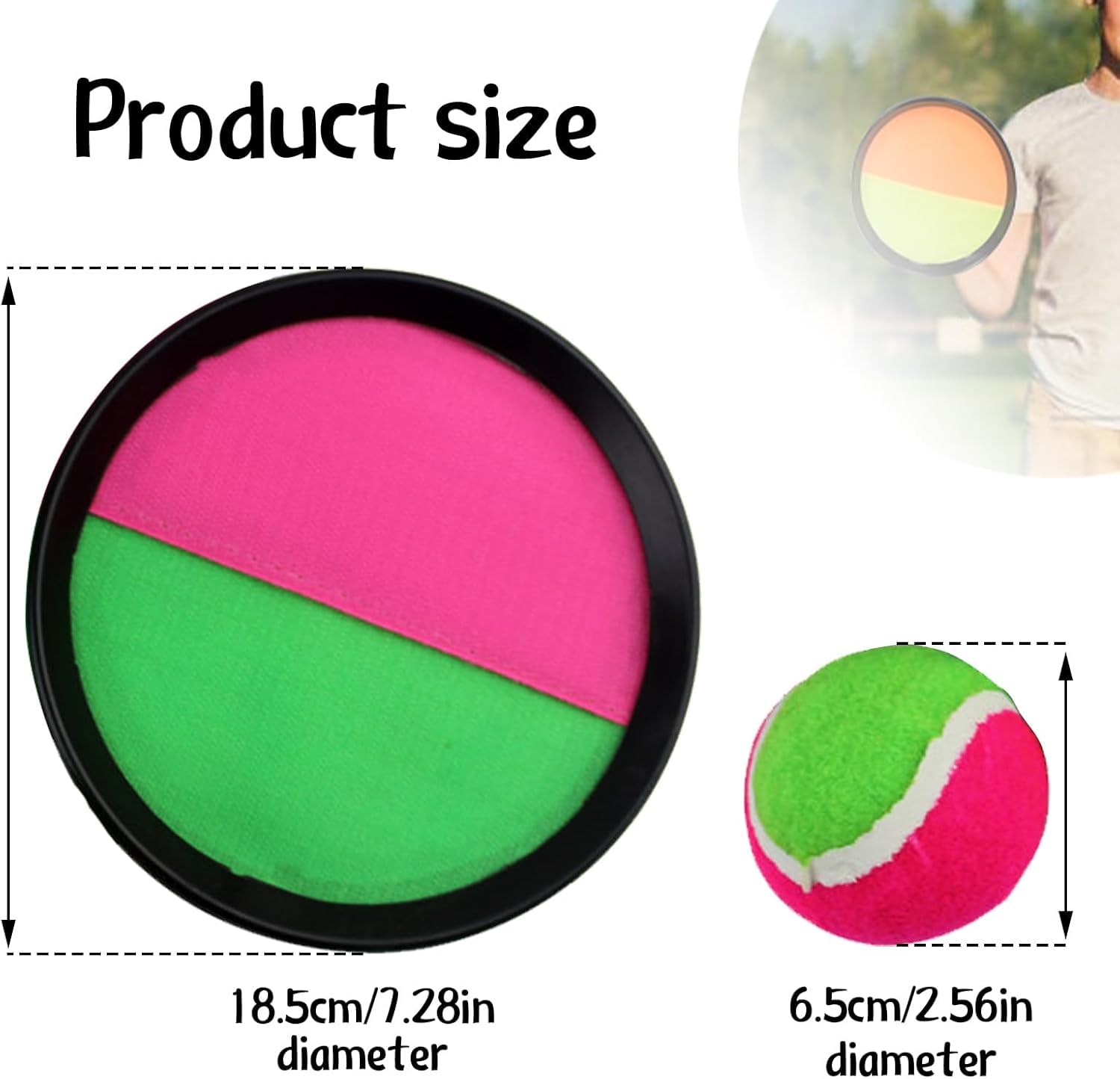 Set di Catch Ball con 2 racchette e palla, dischi da 18,5 cm e palla da 6,5 cm che si attacca, gioco sportivo per spiaggia e attività all'aperto