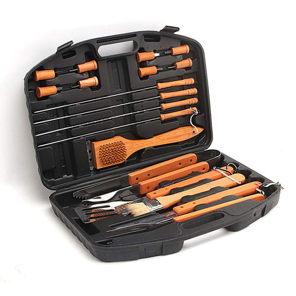 Completo 18pcs Herramienta Barbacoa, Juego de Utensilios para Barbacoa al Aire Libre con Mango de Madera, Juego de Utensilios para Barbacoa al Aire Libre para Hombres/Padres Madera