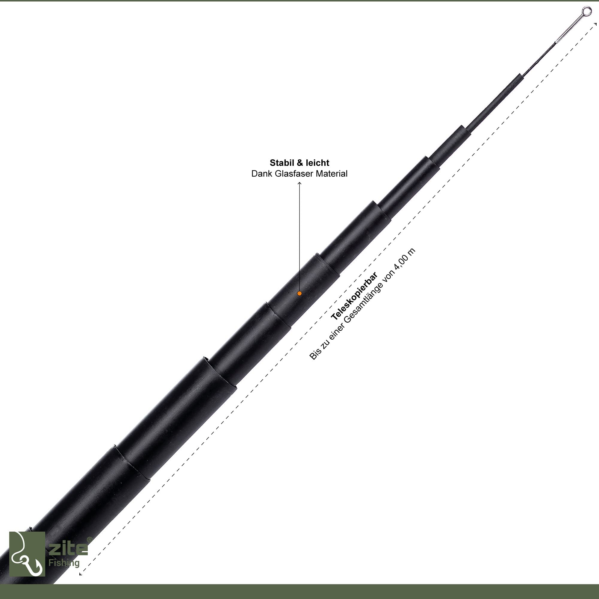 Zite Caña de pescar de 4 m – Caña telescópica de fibra de vidrio – Pocket Rod Format Stipp-Angel – Caña telescópica telescópica