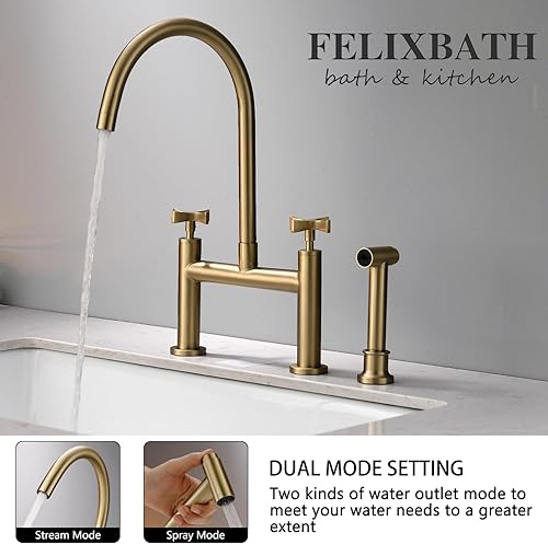 Miniatura 2 de Grifo de puente de cocina con rociador lateral, grifo de cocina de latón de 8 pulgadas, 2 asas, 3 agujeros, montaje en cubierta, grifo de fregadero
