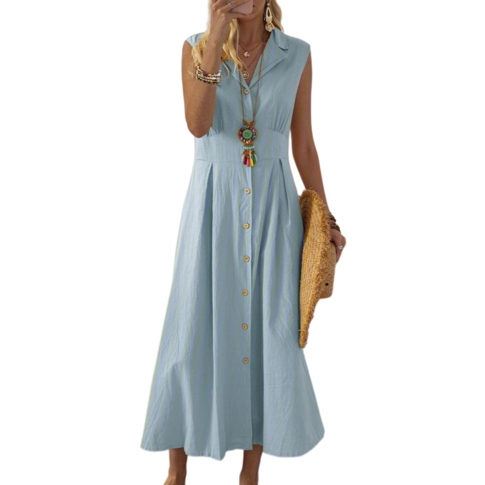 Vestito Donna Cotone Biancheria Maxi Abito, Cerniera A-Line Sciolto Lungo Abito per Le Vacanze Estive Abiti-Yellow-XXL
