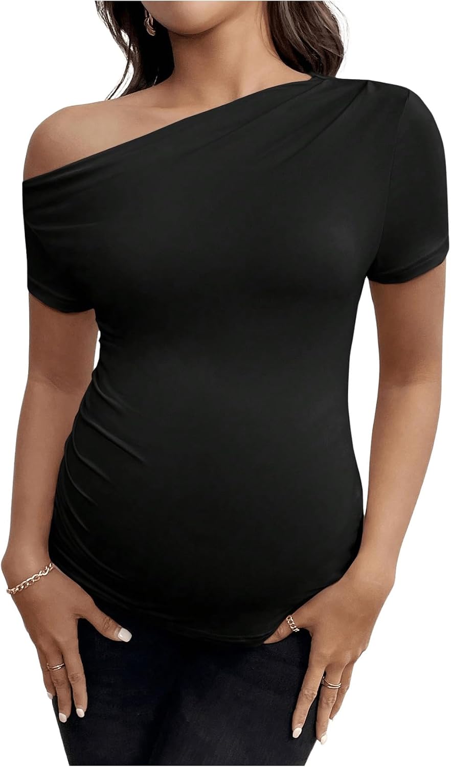 SweatyRocks Women's Maternity Shirts Off The Shoulder Tops Ruched Short Sleeve Pregnancy T Shirts