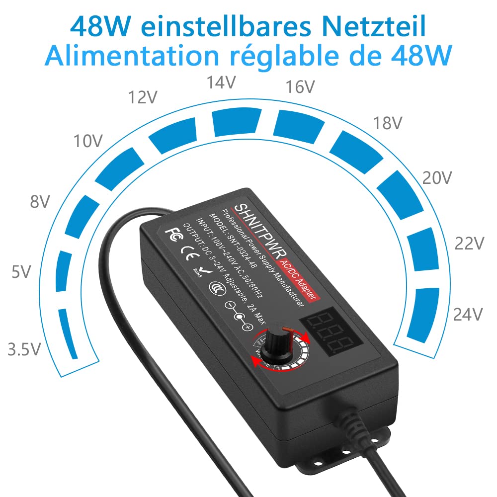 SHNITPWR Universal 3.5V~24V Netzteil 48W 2A AC/DC Schalt-Netzteil Adapter, mit 14 pcs Adapterstecker, für 3.5V bis 24V Elektronische Geräte, Bilderrahmen Babyphone-Kamera und LED-Streifen ect.