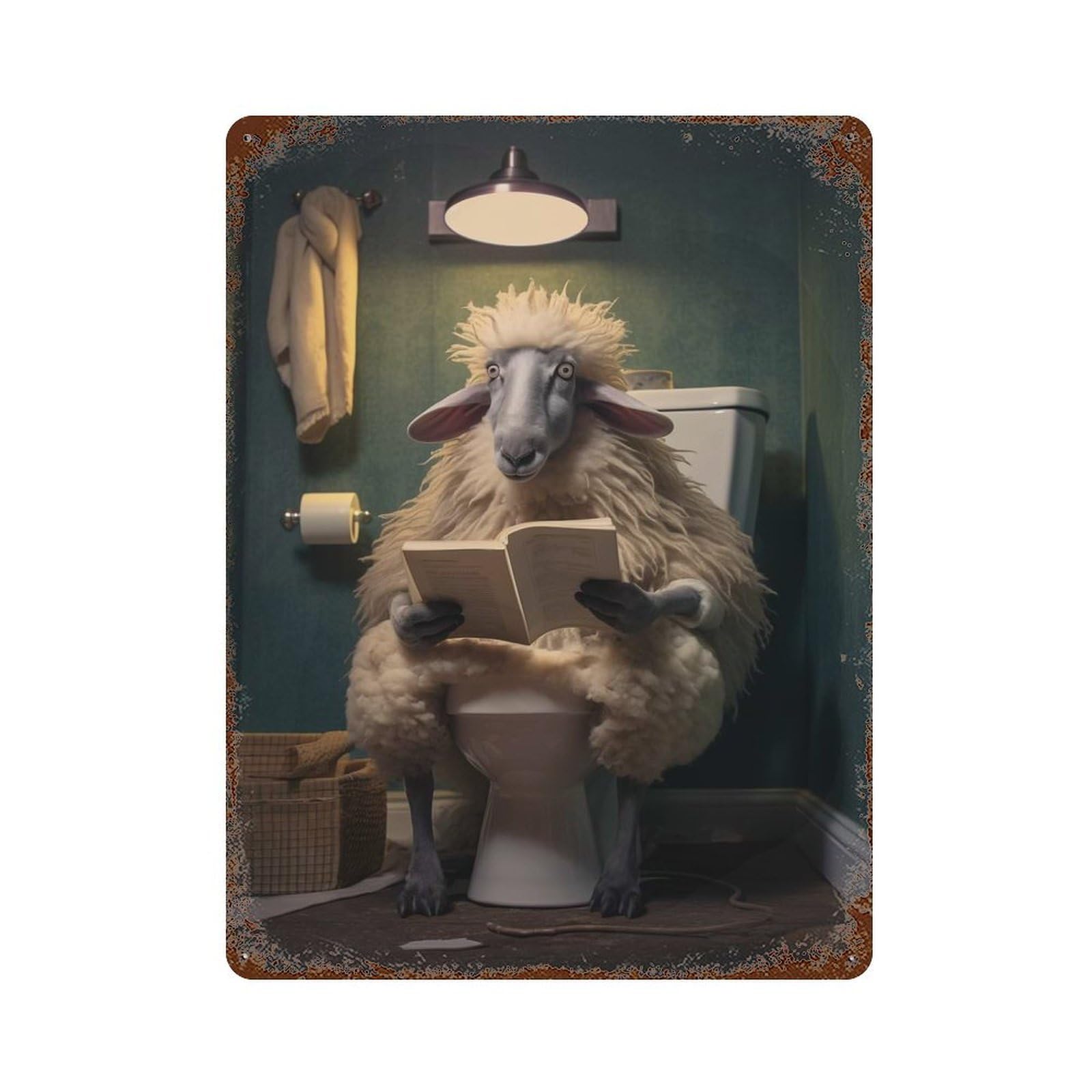 Garage Style Fat Sheep Toilet Newspaper Rusty Metal Tin Sign 15.7"x11.8", Farmhouse Wall Decor for Bar And Workshop