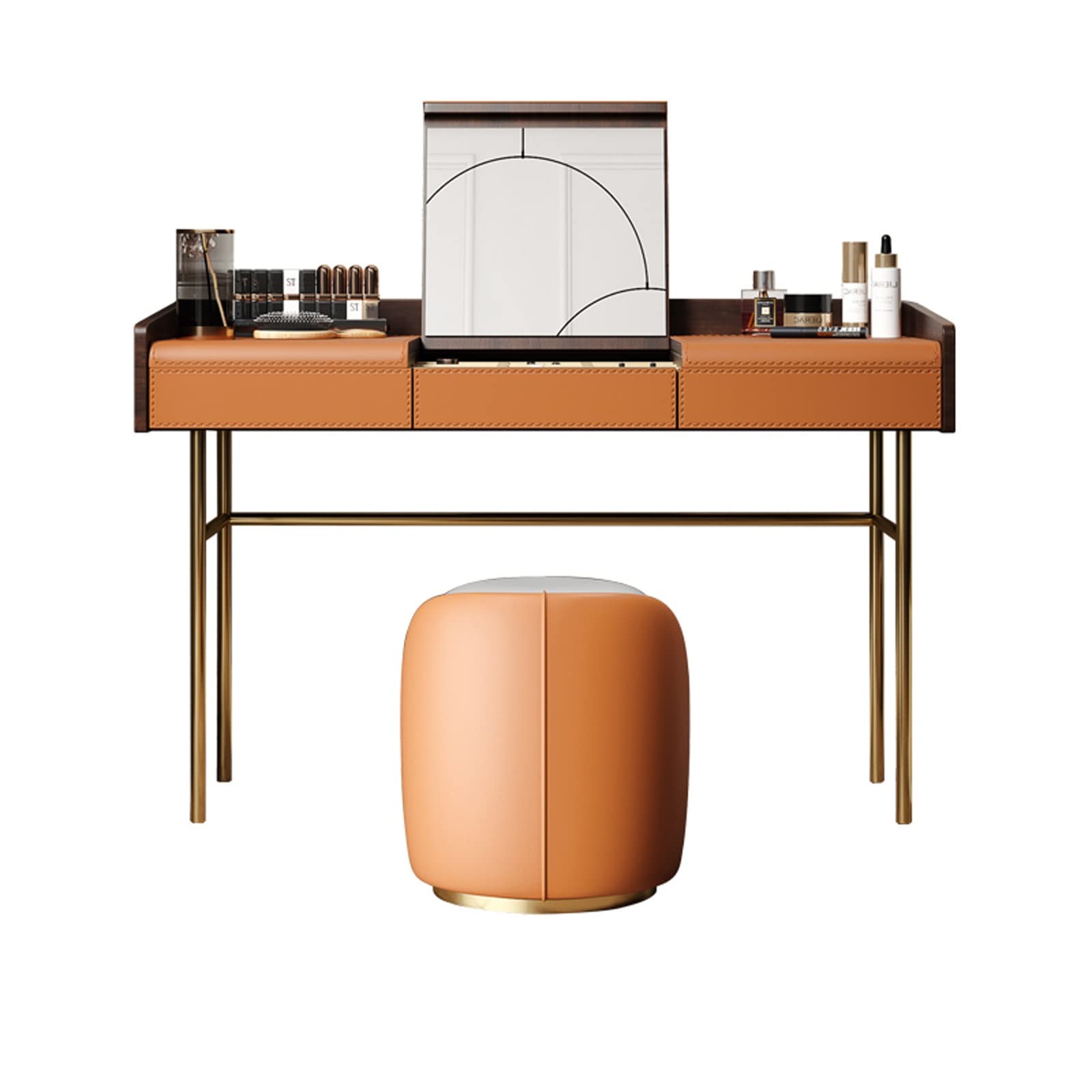 CGCSYZ Vanity Desk Dresser Flip Top Leather High-grade Wood Bedroom Makeup Table Makeup Stool Orange Gray Hidden Makeup Mirror Dresser Makeup Dressing Table (Orange 100cm)