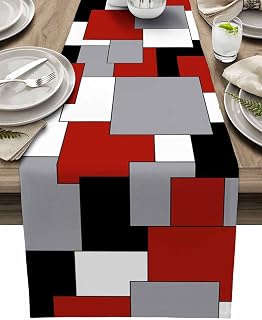Irregular Geo Cotton Linen Table Runner Dresser Scarves,White Grey Black Red Abstract Geometric Table Runners for Dinning Table,Farmhouse Kitchen Decor,Holiday Dinner Decoration-13x70 Inch