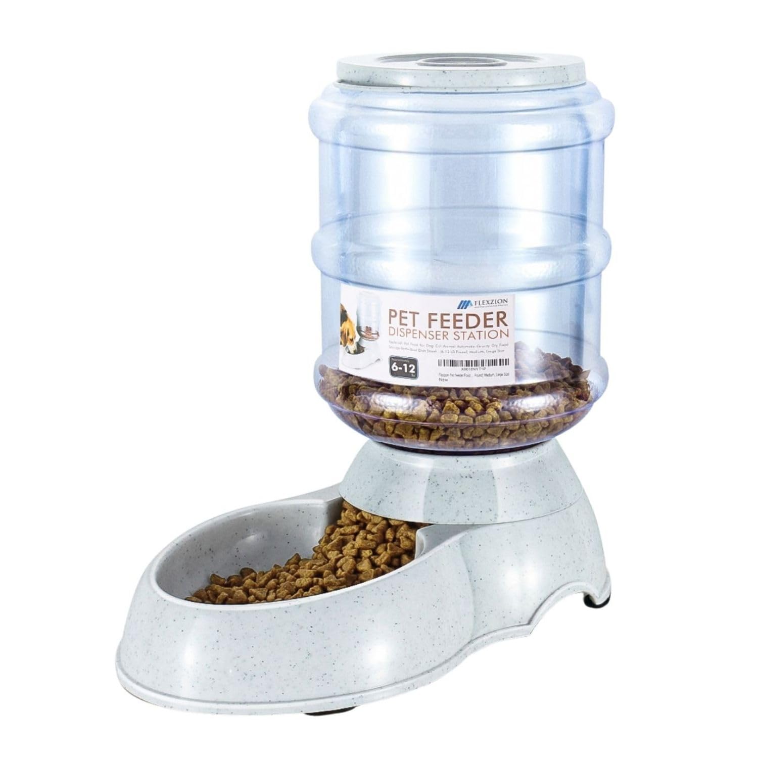 Flexzion Gravity - Dispensador de Alimentos para Mascotas (tamaño de 6 a 12 Libras) para Perros, Gatos, reposición automática, contenedor de Almacenamiento de Alimentos Secos, Cuenco para Perros y