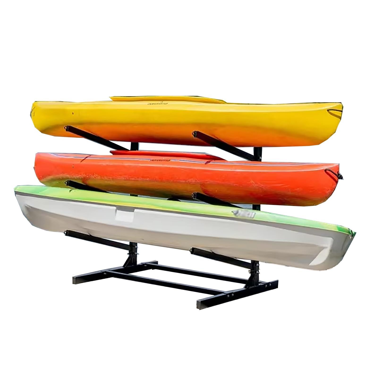 Dieses freistehende, verstellbare Kajak-Lagerregal mit 2, 3 oder 4 Ebenen und 4 Fußpolstern ist für den Innen- und Außenbereich geeignet und bietet Platz für Kajaks, SUPs, Kanus und Surfbret