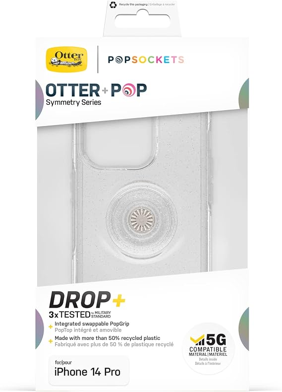 OtterBox iPhone 14 Pro Otter+Pop Case, Shockproof, Drop Resistant, Protective Case with PopSockets PopGrip, Tested 3 Times According to Military Standards, Stardust