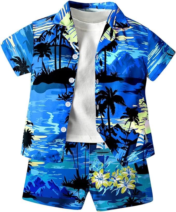 Image of SANGTREE 3 Piece Boy Outfits Short Sleeve Shirt and Shorts Set Beach Vacation Summer Clothes, 3 Months - 9 Years