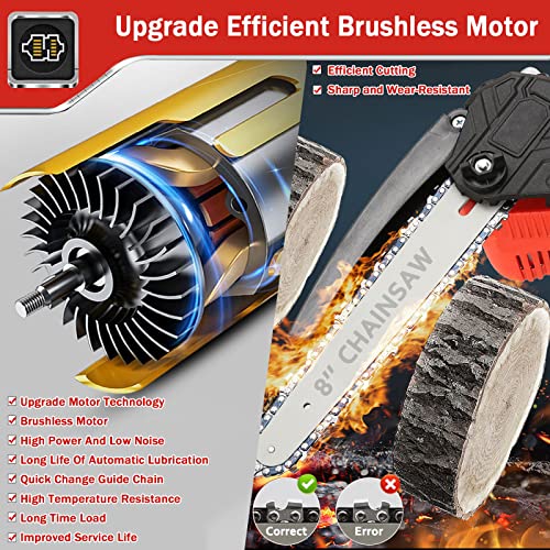 WISDOM LIFE Mini Kettensäge mit Akku 8 Zoll Akku Kettensäge mit Öler und Ladegerät Bürstenlosen Motor Einhand Elektro Säge mit 2 3.0Ah Akku und Ketten für Gartenarbeiten Astschere Holzschneidenz, Red – Bild 4