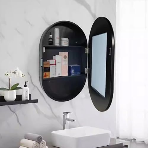 Miniatura 2 de Gabinete de espejo ovalado montado en la pared, armario de baño de madera, espejo de tocador de baño con estante de almacenamiento (color negro,
