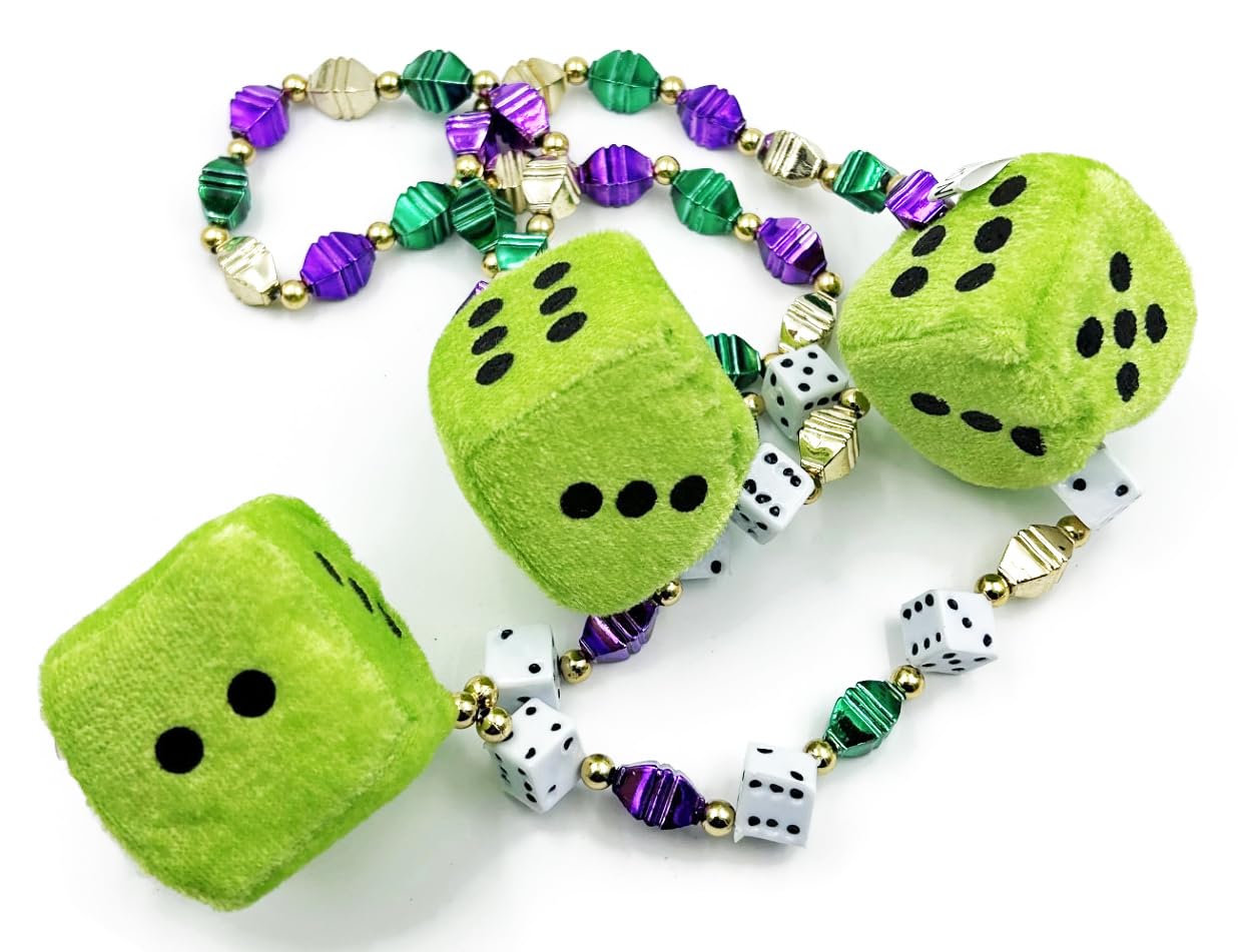 Green Fuzzy Dice Craps Mardi Gras New Orleans Beads Necklace