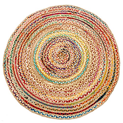 Eleet Handcrafted Reversible Cotton Area Rug - 4 Ft Multicolor Hand Woven Braided Rug Rag (4 Feet Round Cotton + Jute) #TOP7