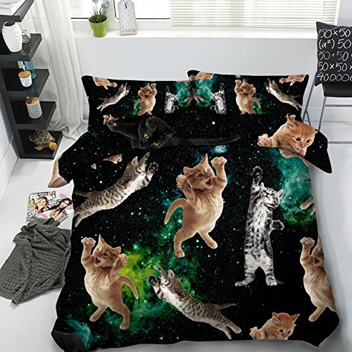 Newrara 3D Digital Bedding 3D Cat With Black Galaxy Digital Printed 4-Piece Cotton Duvet Cover Set (Black, Twin) #TOP1