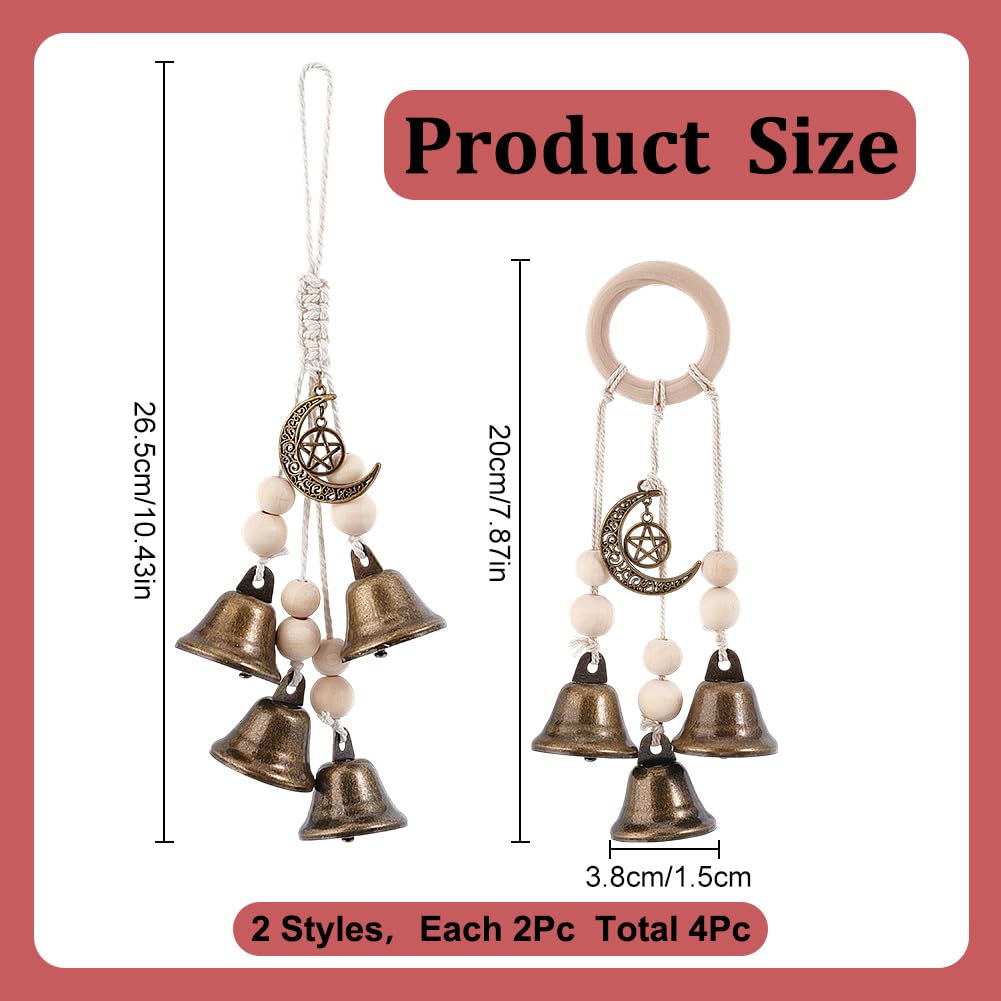 GOAMKERER 4 Pcs 2 Styles Witch Bells for Door Knob Witchcraft Bells Door Knob Hanger Witch Bell Wind Chimes Hanging Bells with Rope for Witchy Room Home Decor Witchy Gifts - Image 2