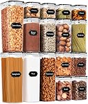 PRAKI Airtight Food Storage Container Set with Lids, 16 Pcs Plastic Dry Food Canisters for Kitchen Pantry Organizers and Storage, Ideal for Cereal, Flour & Sugar - Labels, Marker(Black)