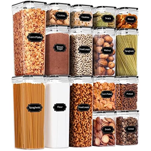 PRAKI Airtight Food Storage Container Set with Lids, 16 Pcs Plastic Dry Food Canisters for Kitchen Pantry Organizers and Storage, Ideal for Cereal, Flour & Sugar – Labels, Marker(Black)