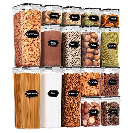 PRAKI Airtight Food Storage Container Set, 16 Pcs BPA Free Plastic Dry Food Canisters for Kitchen Pantry Organization and Storage Ideal for Cereal, Flour & Sugar - Labels, Marker(Black)