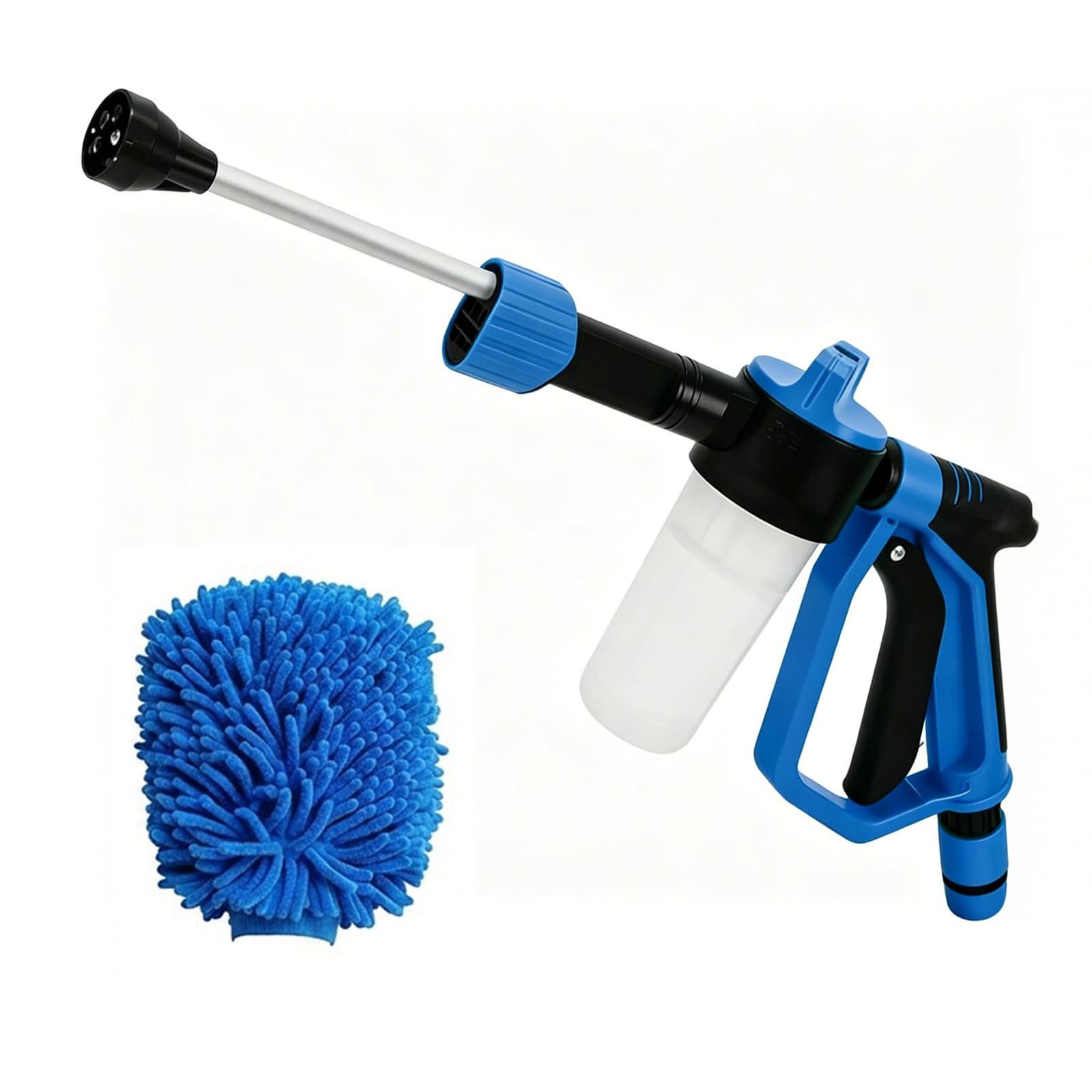 Pistola a Schiuma per Autolavaggio, Kit Pulizia Auto con Cannone a Schiuma, Guanto in Microfibra, 3 Modalità ad Acqua, Lancia a Schiuma per Auto e Irrigazione Giardino