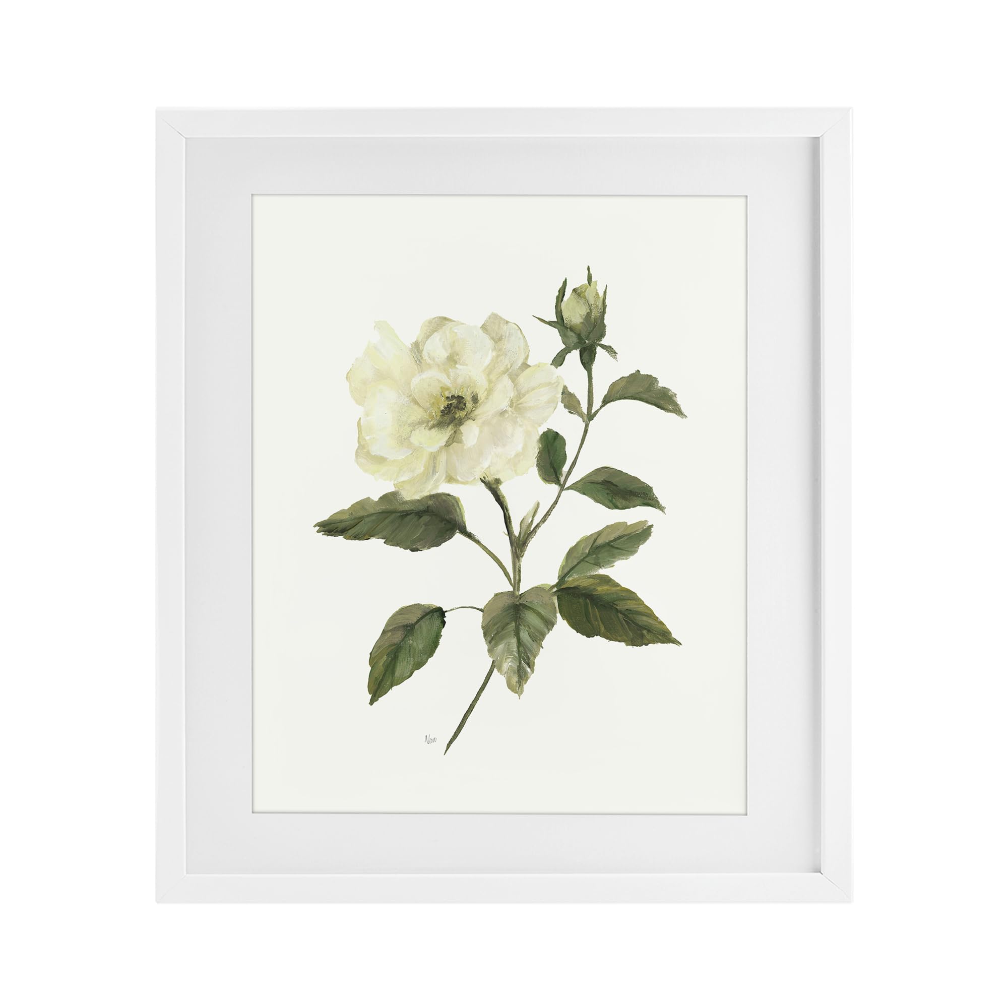 Stupell Industries Coastal White (Textured) 'Ivory Rose Bloom With Green Foliage'| Framed Print Under Glass